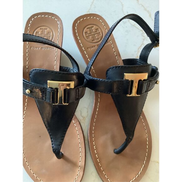 Tory Burch Black Leather Thong Sandal Sz 7.5 Wedge Heel - Picture 2 of 8